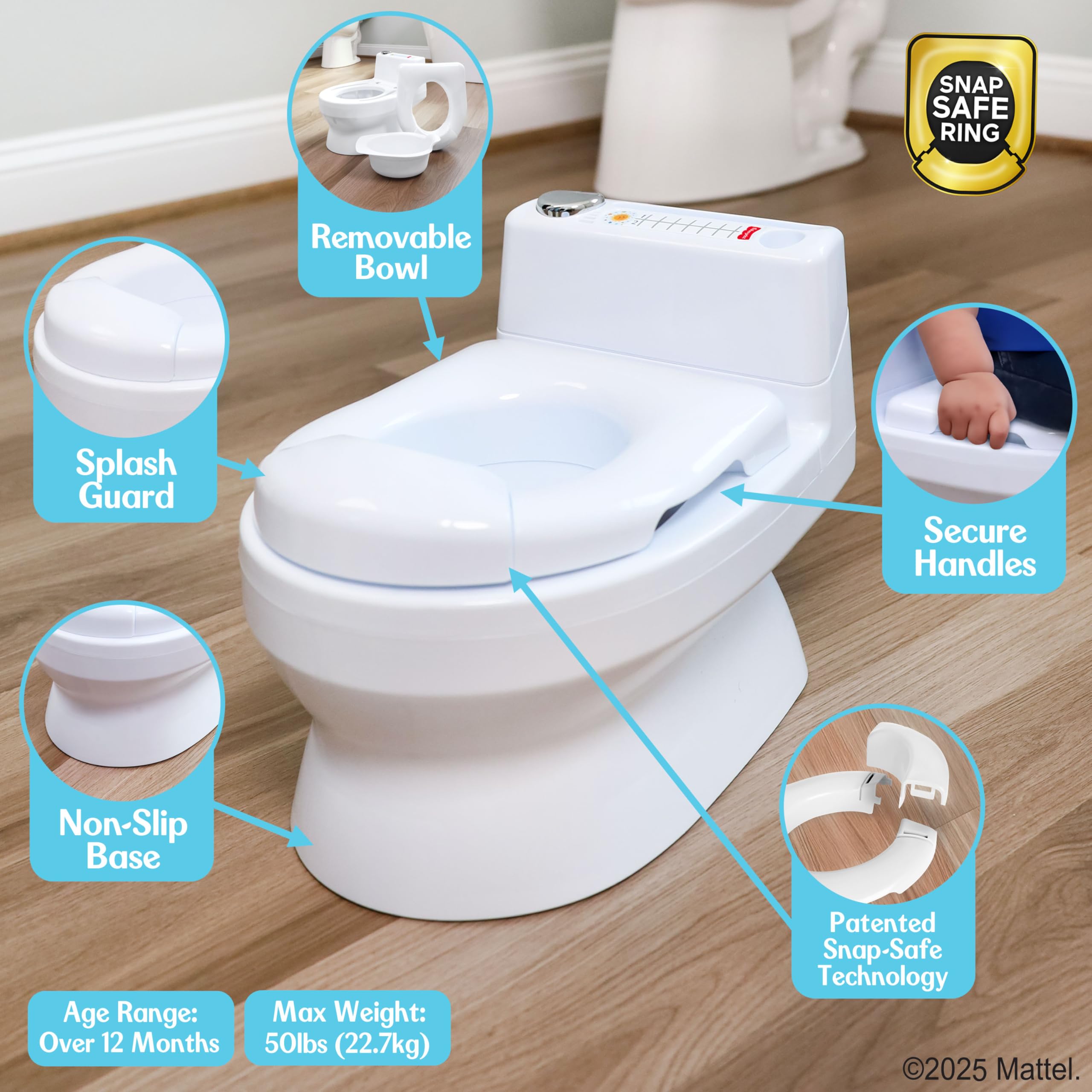 Fisher-Price™ 2-N-1 Potty Trainer with Flushing Sounds, Chart & Storage – White Floor Potty Chair with Splash Guard, Removable Ring & Bowl, Patented Snap Safe Ring Technology
