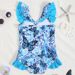 Kucnuzki Baby Girl Bathing Suit One Piece Swimsuit Blue Butterfly Bikini Set Baby 4T 5T Swimsuit Girls Toddler Ruffled Sleeveless Bathing Suits for Kids