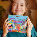 eeBoo: Striped Biggies 12 Color Pencils: Shark - 12pc Set w/ 6 Fluorescent & 6 Metallic Colors, Includes Sharpener, Art Supplies, Kids Ages 4+