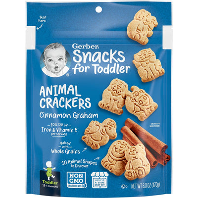 Packaging of Gerber Animal Crackers Cinnamon Graham snacks for toddlers with blue background