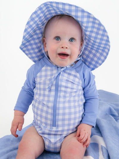 RUGGEDBUTTS Baby/Toddler Boy Swimsuit, One Piece Zipper Rash Guard Sunsuit with UPF 50+ Sun Protection - Periwinkle Blue Gingham, 3-6m