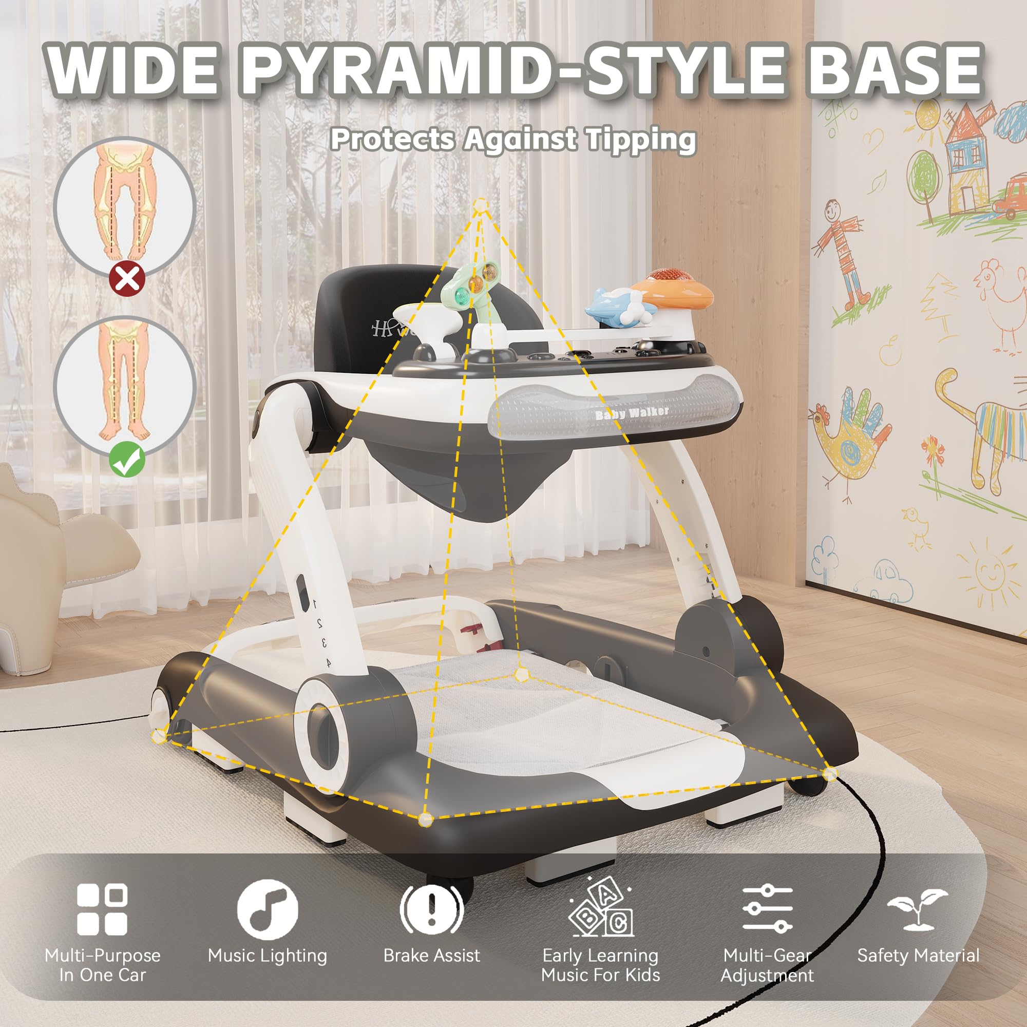 Baby Walker,4-Gear Height Adjustable Baby Walker with Wheels,5 in 1 Baby Activity Center,Music and Lights Bouncer Walker for Baby Boy 6-18 Months,Adjustable Speed Baby Push Walker