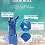 Reef Tourer Snorkel Fins for Kids and Adults, Adjustable Open Heel, Compact Short Blade Swimming Snorkeling Flippers, Travel Size, Blue, Large, RF0106P