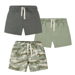 AIUI-HARNSBORN Toddler Boys 3 Pack Pull-on Knit Shorts, Solid Color Soft Sweat Shorts with Drawstring(Gray/Sage/Camo, 3-6 Months)