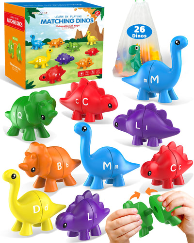 Colorful dinosaur toys with matching game packaging on a white background