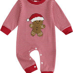 Newborn Infant Baby Boy Christmas Outfit Embroidered Gingerbread Romper Red Striped Onesie Long Sleeve Jumpsuit