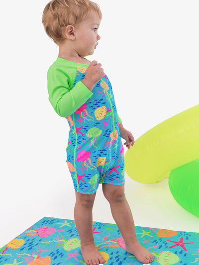 RUGGEDBUTTS Baby/Toddler Boy Swimsuit, One Piece Zipper Rash Guard Sunsuit with UPF 50+ Sun Protection - Neon Jelly Time, 3-6m