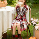 PATPAT Girls Fall Dress Set – Long Sleeve Knit Dress with Red Plaid Shacket – Kindergarten Outfit for Holiday Photos, 5–6 Years