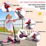 3 Wheel Scooters for Kids 2-5 5-7 Years, 3 Adjustable Heights Foldable Metal Toddler Scooter for Boys Girls Up to 120 lbs, Lean-to-Steer, Dual Rear Brake Widen Anti-Slip Deck (NEW Pink)