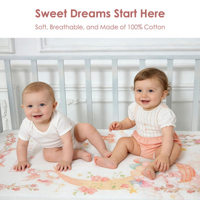 IBESTOPIA Crib Sheets 2 Pack, 100% Cotton Fitted Crib Sheets for Baby Boys & Girls, Soft Breathable Baby Crib Sheet, Snug Fit for 52 x 28 Mattress (3–8"), Nursery Bedding Set, Moonlight Tea Party