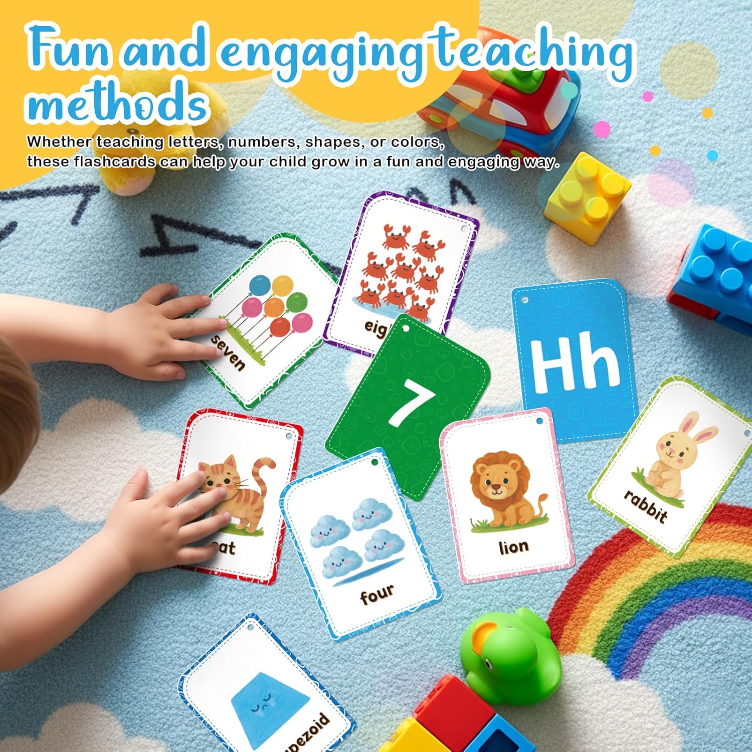 Flash Cards are Designed for Toddlers Aged 1-3. The Set Includes 56 Double-Sided Preschool Flash Cards Featuring The Alphabet, Numbers, Colors, and Shapes.