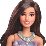 Barbie Fashionistas Doll #234 with Brown Hair, Wearing Sequined Purple Bubble Dress with Satiny Skirt, Silvery Necklace and Heels