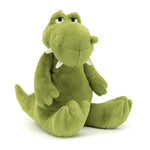 Green plush toy dinosaur on a white background