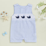 Arvbitana Newborn Baby Boys Sleeveless Seersucker Romper One Piece Straps Overalls Striped Jumpsuit Summer Smocked Clothes (A-Blue, 0-3 Months)