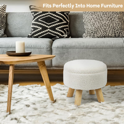 OGEMXU Ottoman Foot Rest, Small Round Ottoman with Storage, Boucle Teddy Velvet Footstool with Wood Legs, Soft Sponge Storage Ottoman for Living Room, Bedroom, Couch, Enterway (Cream)