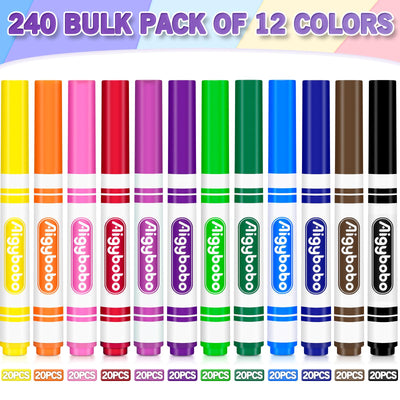 Aigybobo 240 Count Washable Markers Bulk, 12 Assorted Colors, Broad Line Conical Tip Coloring Markers for Kids, Markers Bulk Pack for Classroom, School Art Supplies & Back to School Supplies