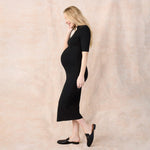 Motherhood Maternity Women's Elbow Sleeve Ribbed Mock Neck Maxi Pregnancy Dress, Black, Medium