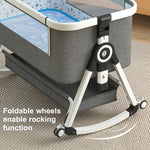 3 in 1 Baby Bassinet,Bedside Sleeper with Storage Basket and Wheels,Portable Baby Crib with Mosquito Net, 6 Adjustable Height & Breathable Mesh,Easy to Fold (White&Grey)
