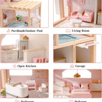 ROBUD Doll House, Wooden Dollhouse with 6 Rooms, 29-pcs Furniture Set, Working Elevator, Garage, Swimming Pool, Ideal Gift for Kids Ages 3+ (Pink)