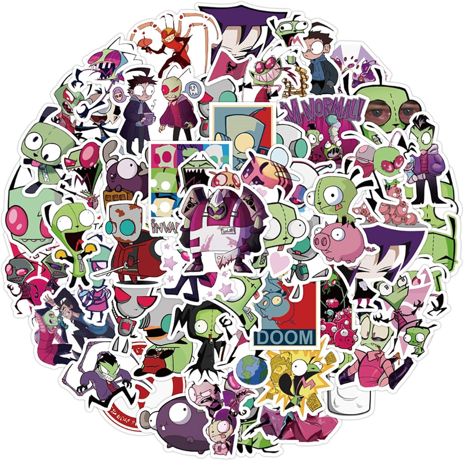 50pcs Invader Movie ZIM Stickers for Kids, Cute Water Bottle Stickers for Kids Waterproof, Vinyl Laptop Kid Sticker Pack (White)
