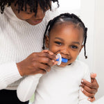 Ubbi 360° Baby Training Toothbrush with Safety Shield and Cover, Food-Grade Platinum Silicone, Gentle Cleaning for Infants, Polaris Blue
