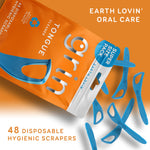 GRIN Tongue Cleaner, 48 Count, Disposable Tongue Cleaner, Hygienic Scraper, Recycled Plastic, Clean Tongue, Promote Fresh Breath, Includes Safe Fold- Back Tooth Pick
