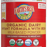 Earth's Best Organic Dairy Infant Formula can with red and yellow label