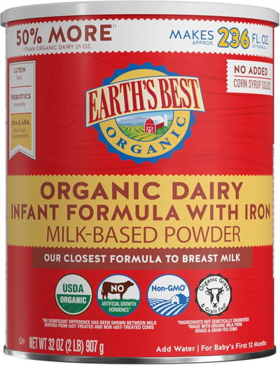 Earth's Best Organic Dairy Infant Formula can with red and yellow label