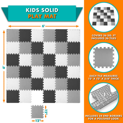 ProSource Baby Play Mat, Soft Foam Floor Tiles for Kids, Interlocking EVA Panels for Playpen Use, Crawling Development Surface, Safe Non-Toxic Toddler Flooring, 36 Tiles, Black/Gray/White