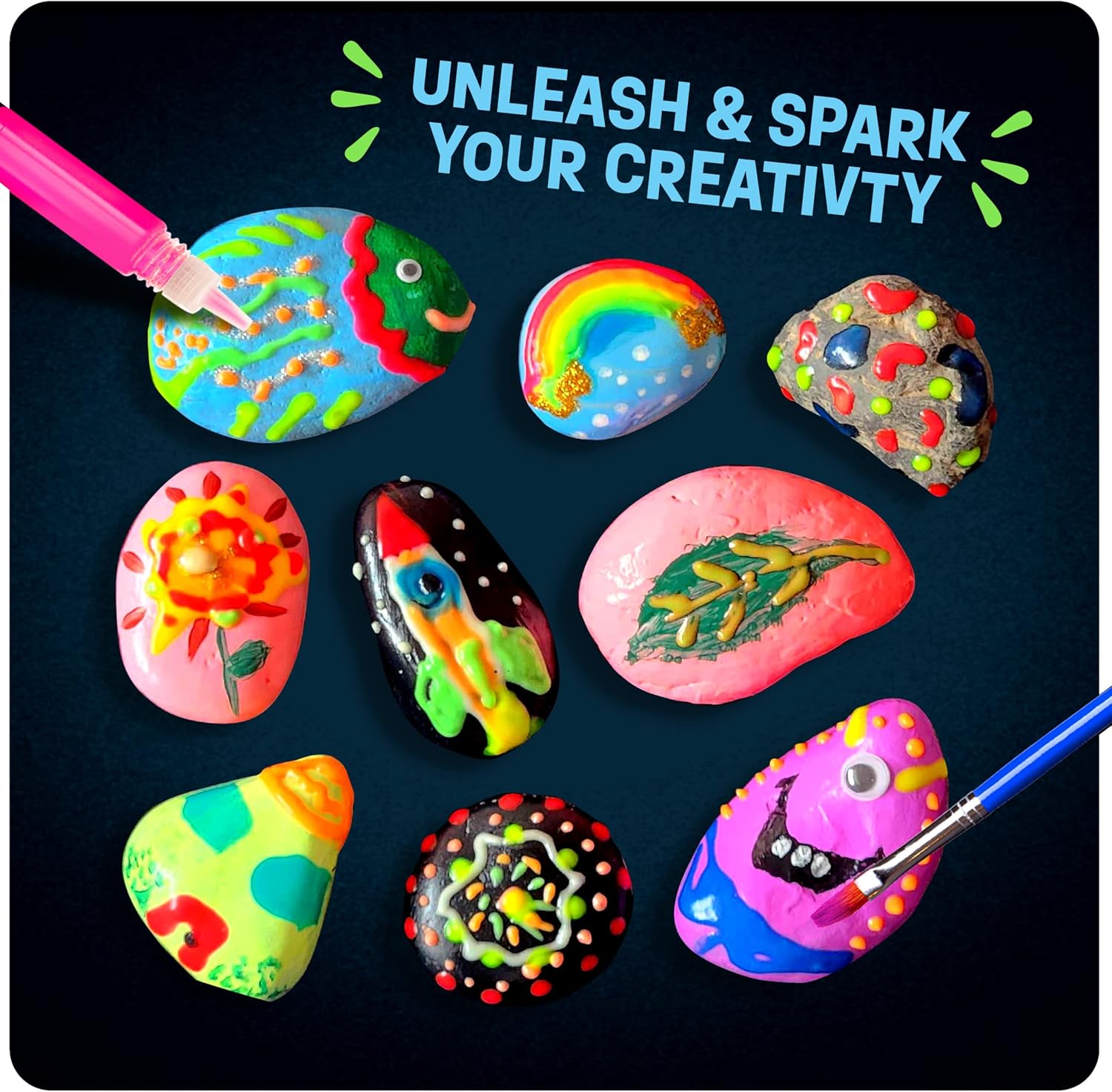 Dan&Darci Kids Rock Painting Kit - Glow in The Dark - Arts & Crafts Gifts for Boys and Girls Ages 6-12 - Craft Activities Kits - Creative Art Toys for 6, 7, 8, 9, 10, 11 & 12 Year Old Kid