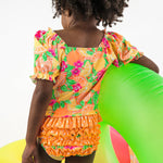 RuffleButts Baby/Toddler Girls UPF50+ Puff Sleeve Ruffle Tankini 2-Piece Swimsuit - Neon Squeeze The Day, 2T