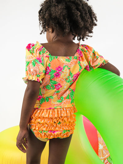 RuffleButts Baby/Toddler Girls UPF50+ Puff Sleeve Ruffle Tankini 2-Piece Swimsuit - Neon Squeeze The Day, 2T