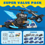 XDUOYJOY Police Helicopter Toy Playset with Vehicles, Fighter Jets, Airplane, SWAT Truck and Roadblocks, Police Rescue Patrol Car Toy for Kids Imaginative Pretend Play