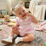 Lamuusaa Newborn Baby Girl Clothes Smocked Peter Pan Bubble Romper Turtle Embroidery Stripe Bodysuit Infant Summer Outfit (Pink, 0-3 Months)