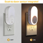 Dawnrise Night Lights Plug Into Wall,Dusk to Dawn Sensor Night Light with Power Outlet,CCT 2200K or 4000K,5LM or 20LM Adjustable Brightness for Bedroom,Kitchen,Living Room,Office,2PK