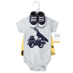 Hudson Baby Unisex Baby Cotton Bodysuit, Shorts and Shoe Set, Construction Trucks, 3-6 Months