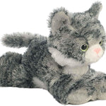 Plush cat toy with gray and white fur on a white background