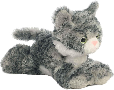 Plush cat toy with gray and white fur on a white background