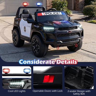 Costzon 2-Seater Ride on Police Car, 24V 4WD Licensed Chevrolet Kids Electric Vehicle with Megaphone, Siren, LED Flashing Lights, Storage Trunk, Toddler Remote Control Toy Car, Gift for Boys Girls