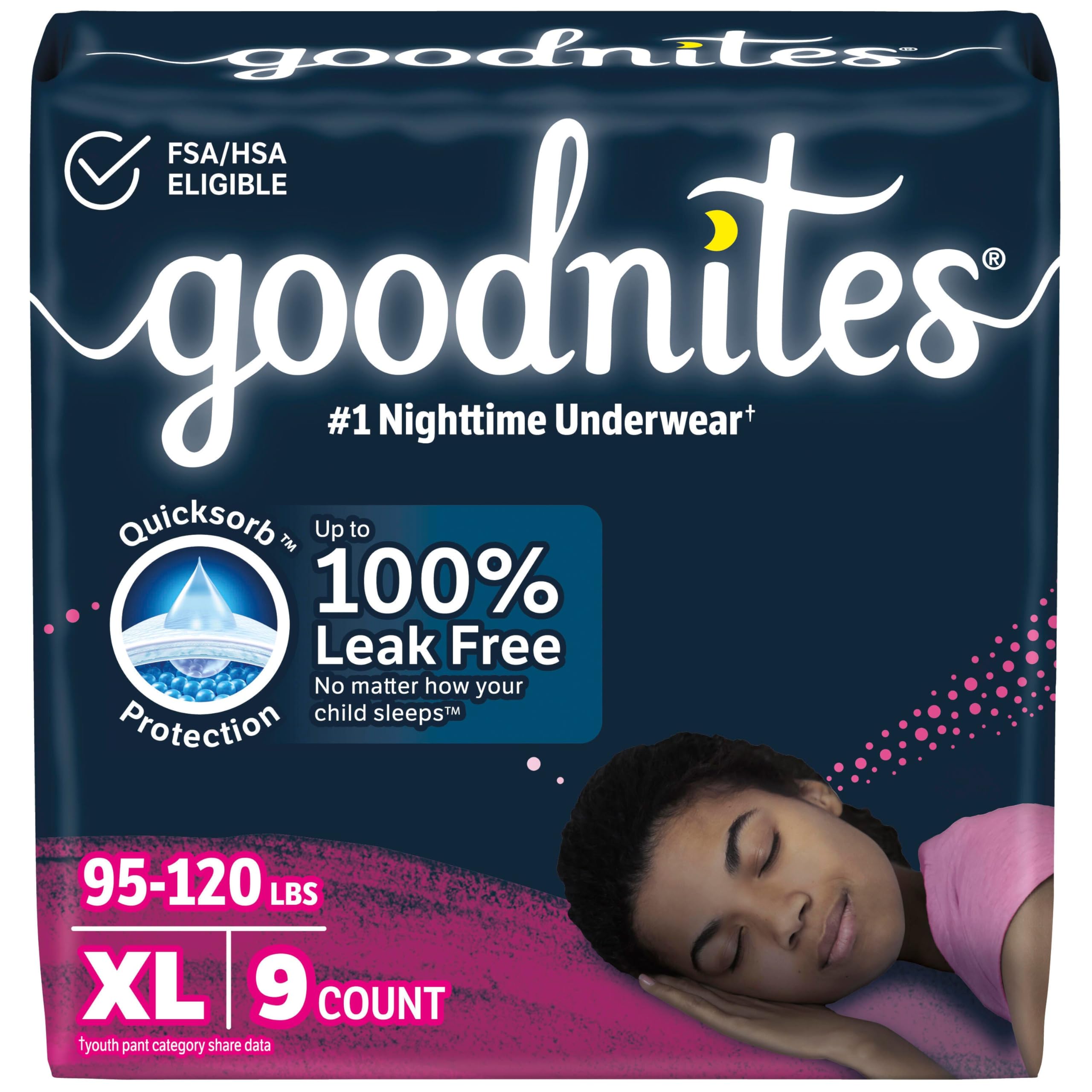 Goodnites Girls' Nighttime Bedwetting Underwear, Size Extra Large (95-120 lbs), 9 Ct, Packaging May Vary