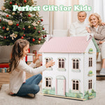 Costzon Wooden Dollhouse for Kids, 3-Level Dollhouse Playset with Double-Sided Roofs, 19 Furniture & Accessories, 5 Rooms, Pretend Play Toddler Doll House, Gift for Kids Aged 3+ (Multicolor)