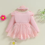 ZAXARRA Infant Baby Girl Romper Dress Baby Dress Romper Flowers Lace Fall Winter Clothes with Headband (Pink, 6-9 Months)