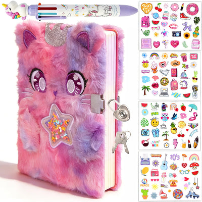 EABUY Diary for Girls with Lock and Keys, Girls Journal School Travel Notebook Gift Set for Writing and Drawing, Multicolored Pen, Stickers, Birthday Gift for Girls (purple-cat)