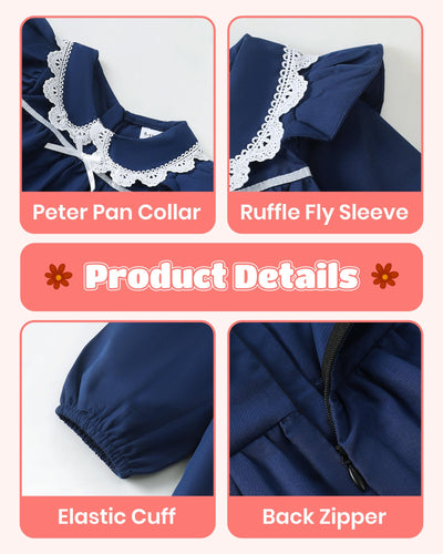 Baby Girl Outfit 18 24 Months Cute Girl Clothes Fall Long Ruffle Sleeve Navy Blue Dress Winter Toddler Clothes Vacation Vintage Knee Length Baby Dress