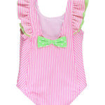 RuffleButts Girls UPF50+ Seersucker Waterfall One Piece Swimsuit - Neon Pink Seersucker, 2T