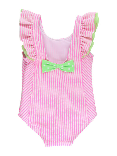 RuffleButts Girls UPF50+ Seersucker Waterfall One Piece Swimsuit - Neon Pink Seersucker, 2T