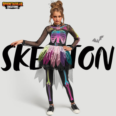 Spooktacular Creations Funky Skeleton Tutu Dress for Girls, Punky Bones Colorful Skeleton Costume for Halloween Dress Party-M