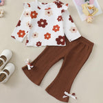 Kucnuzki Toddler Girl Clothes Long Sleeve Round Neck Tops Ruffle Floral Shirts Solid Color Bell Bottom Pants For Baby Girl Clothes 18-24 Months 2 Piece Outfit