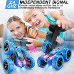 Remote Control Car, RC Cars Toys for Kids Ages 6-12, 4WD Stunt Car with LED Lights & 360° Flips, 2.4GHz, Upgraded USB-C Modular Batteries, 8-10 Year Old Boys Birthday Gift 1-Blue