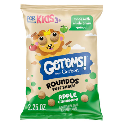 Getems Roundos Puff Snack packaging with a lion character on a beige and green background